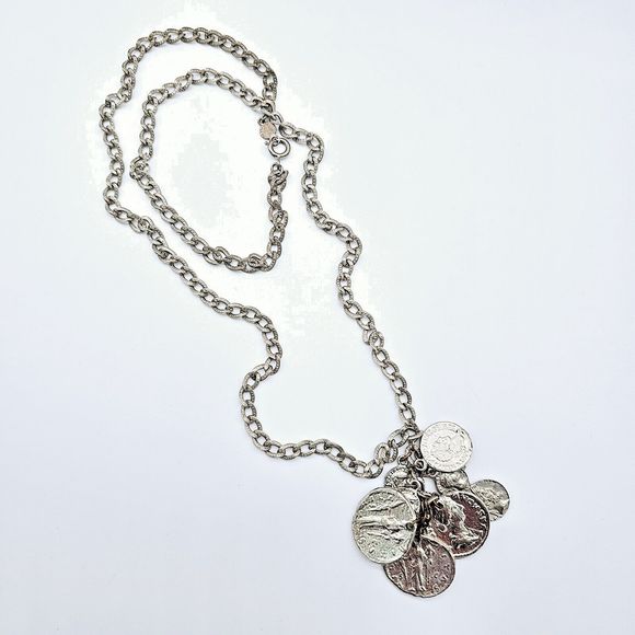 Accessocraft NYC Coin Necklace Vtg Old World Roman Textured Links Dangle Charm - Picture 9 of 11